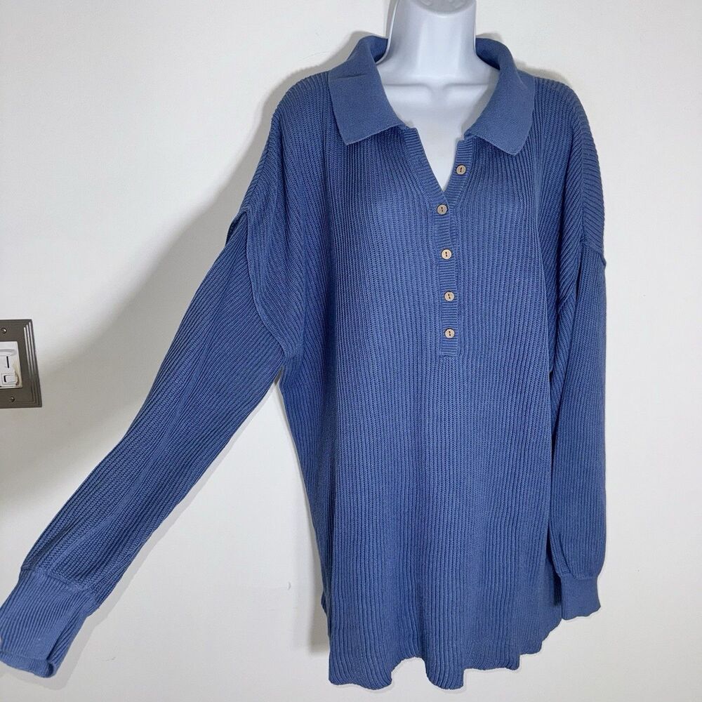 FP Beach Oversized Slouchy Blue Ribbed Picnic Sweater Tunic Linen Cotton Small